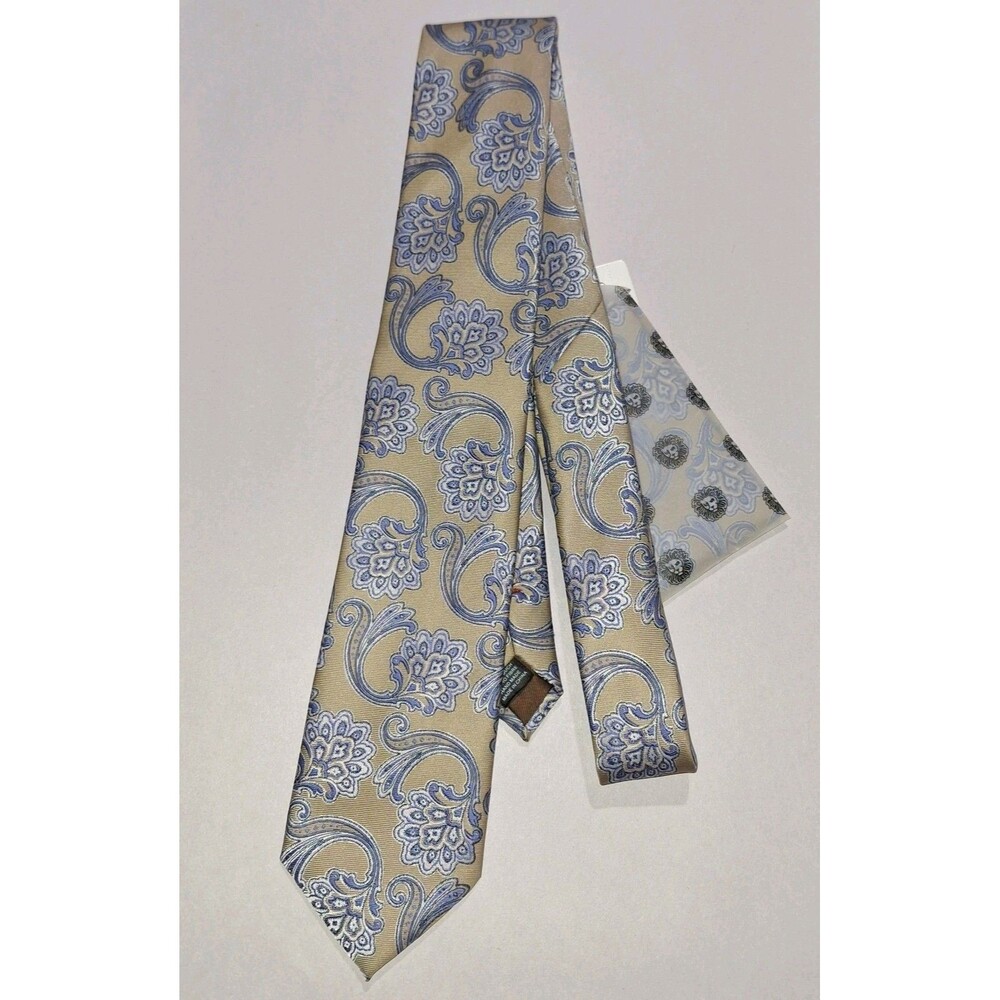 NWT Imani Uomo Men's Tie and Pocket Square Set Blue Beige Paisley Jacquard